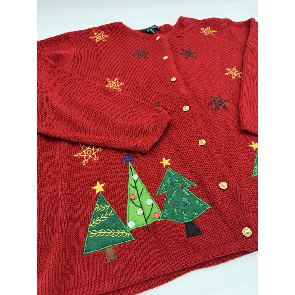 VTG Holiday Cardigan Sz 1X Red Embroidered Ugly Christmas Sweater Grandmacore